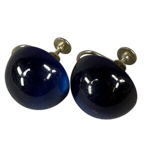 Vintage Screw back Blue Glass Dome Earrings Women Accessory Classic Work Casual